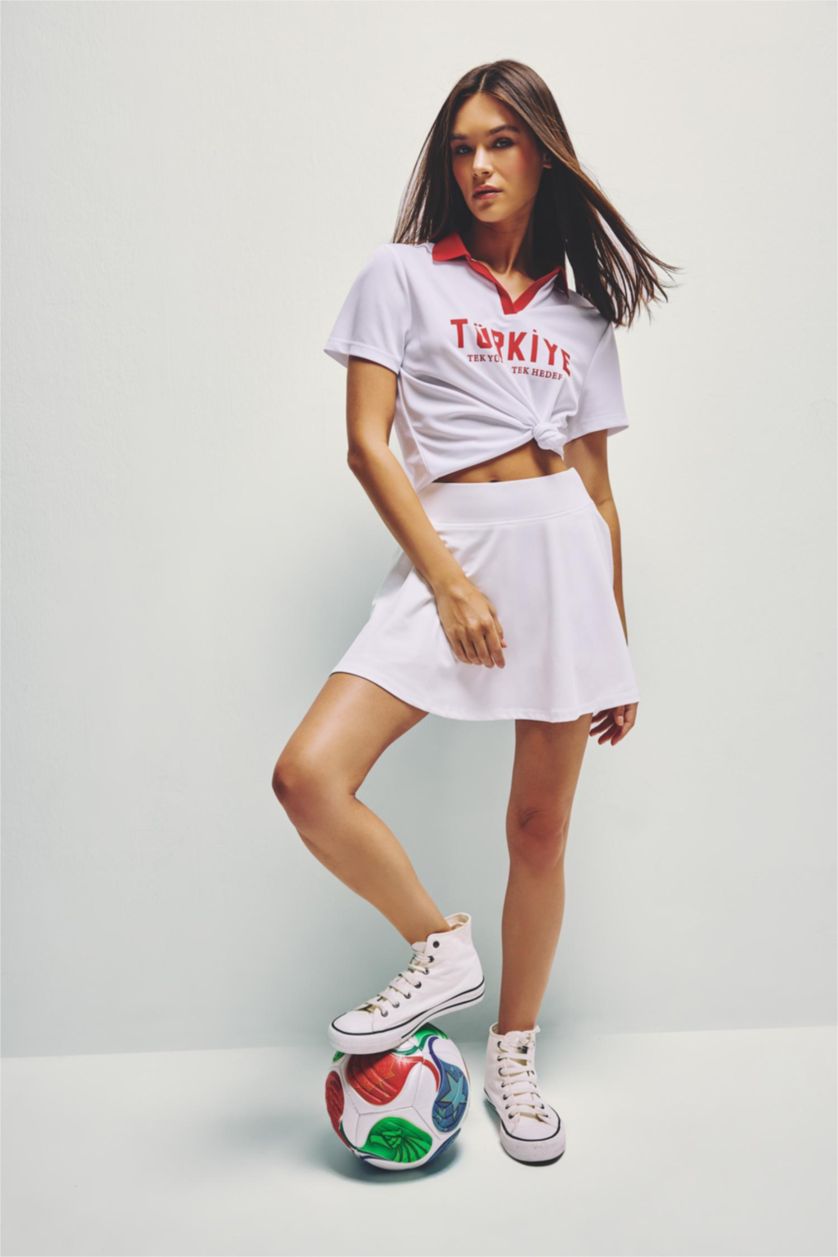 Kadın Beyaz Mesh Forma Kumaş Türkiye Baskılı Crop Tişört