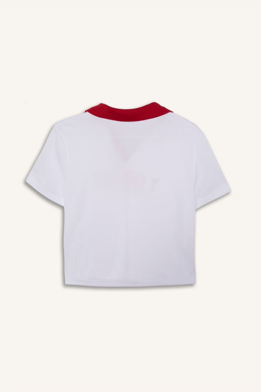 WOMAN White Crop Top Tulle Short Sleeve Polo T-Shirt