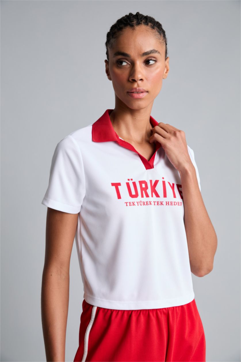 Kadın Beyaz Mesh Forma Kumaş Türkiye Baskılı Crop Tişört