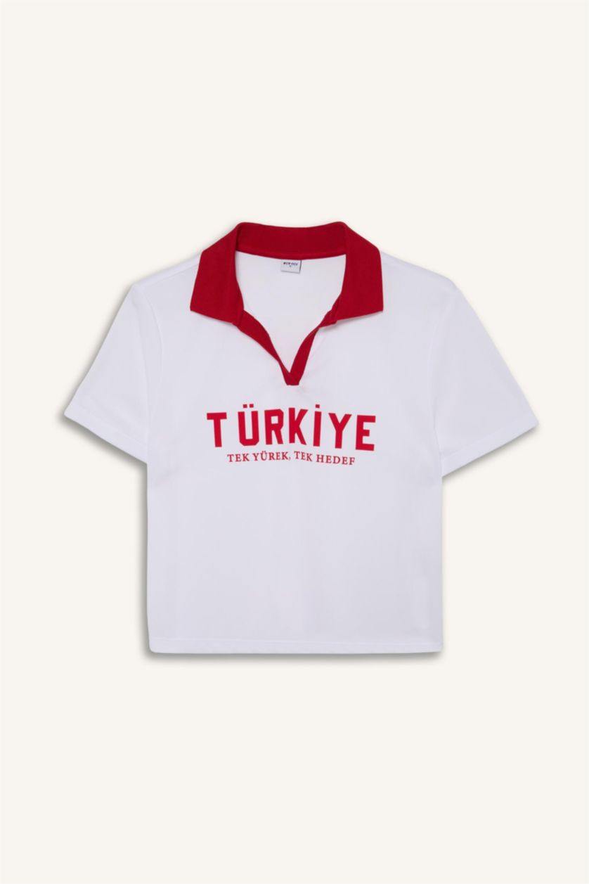 Kadın Beyaz Mesh Forma Kumaş Türkiye Baskılı Crop Tişört