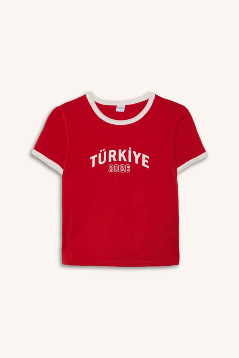 Kadın Kırmızı Slim Fit Türkiye Baskılı Tişört