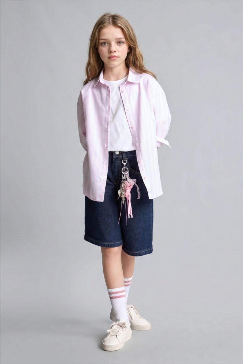 Kız Çocuk - Genç Kız Pembe %100 Pamuk Regular Fit Uzun Kollu Oxford Gömlek Kız Çocuk