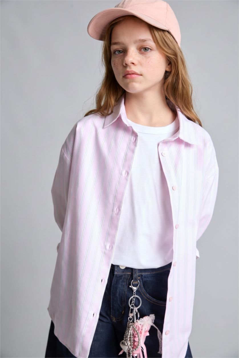 Kız Çocuk - Genç Kız Pembe %100 Pamuk Regular Fit Uzun Kollu Oxford Gömlek Kız Çocuk