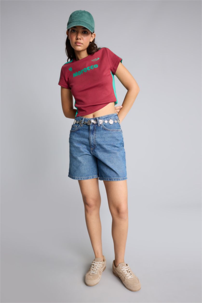 حريمي خمري Slim Fit Ribana Short Sleeve T-Shirt