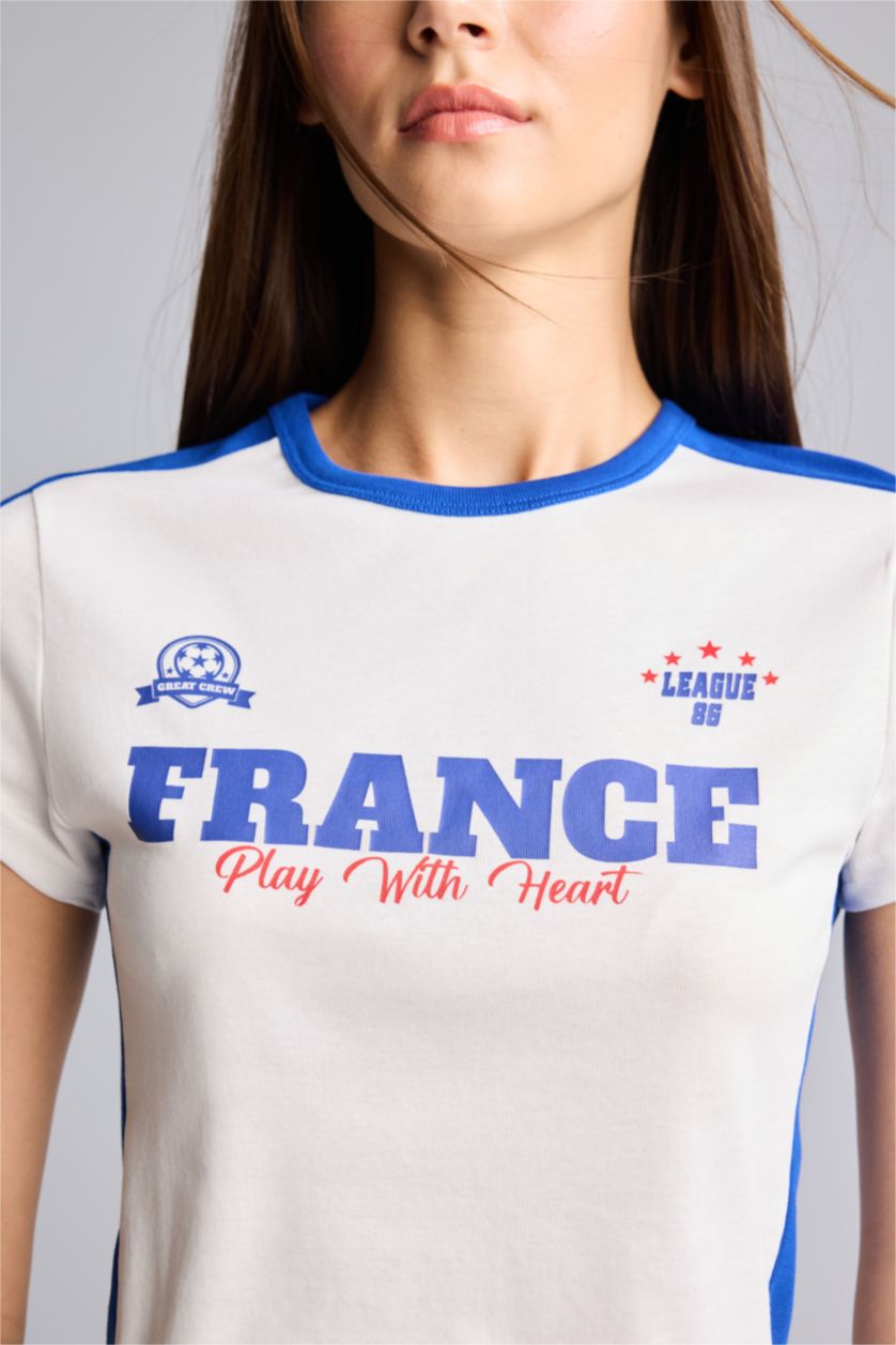 WOMAN White Fitted Crew Neck France Print Ribbed White T-Shirt