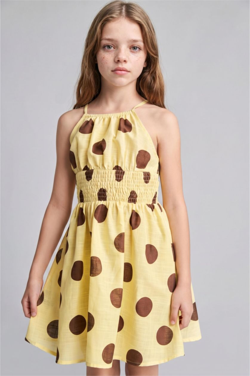 Young Girls - Teen Girls Light Yellow Girl Cotton Polka Dot Mini Dress