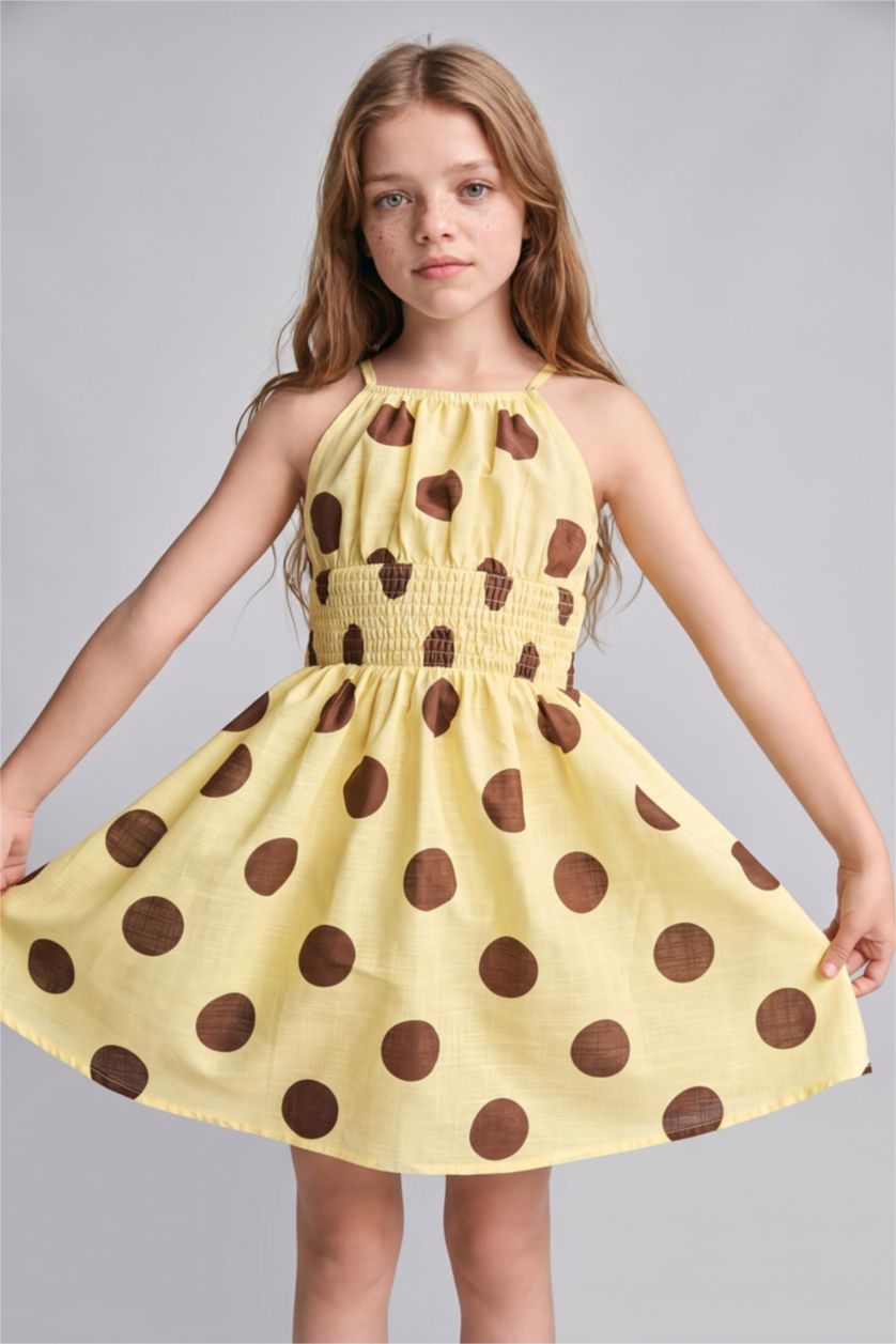 Young Girls - Teen Girls Light Yellow Girl Cotton Polka Dot Mini Dress