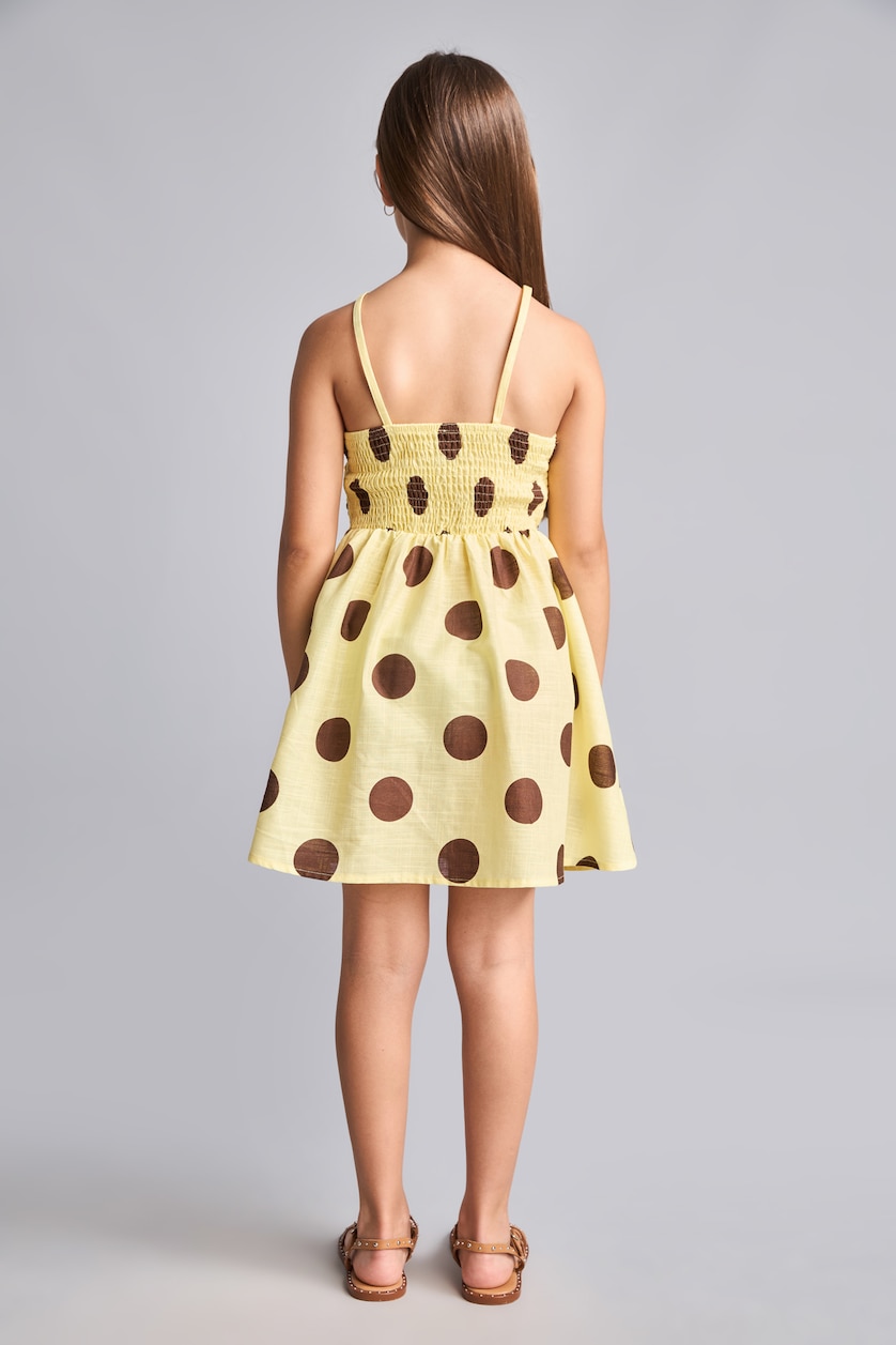 Young Girls - Teen Girls Light Yellow Girl 100% Cotton Polka Dot Mini Dress