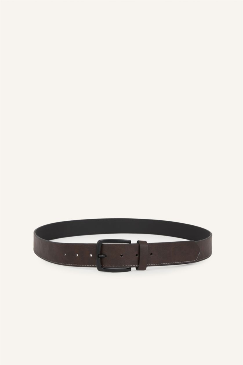 Men Brown Man Rectangle Clasp Faux Leather