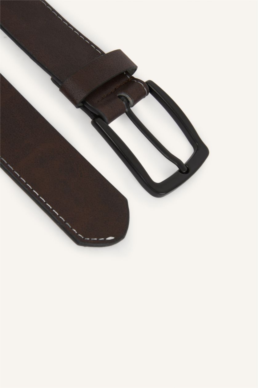 Men Brown Man Rectangle Clasp Faux Leather