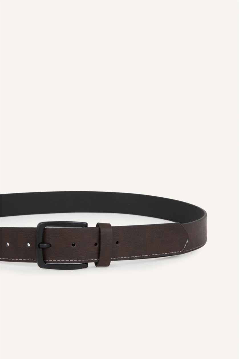 Men Brown Man Rectangle Clasp Faux Leather