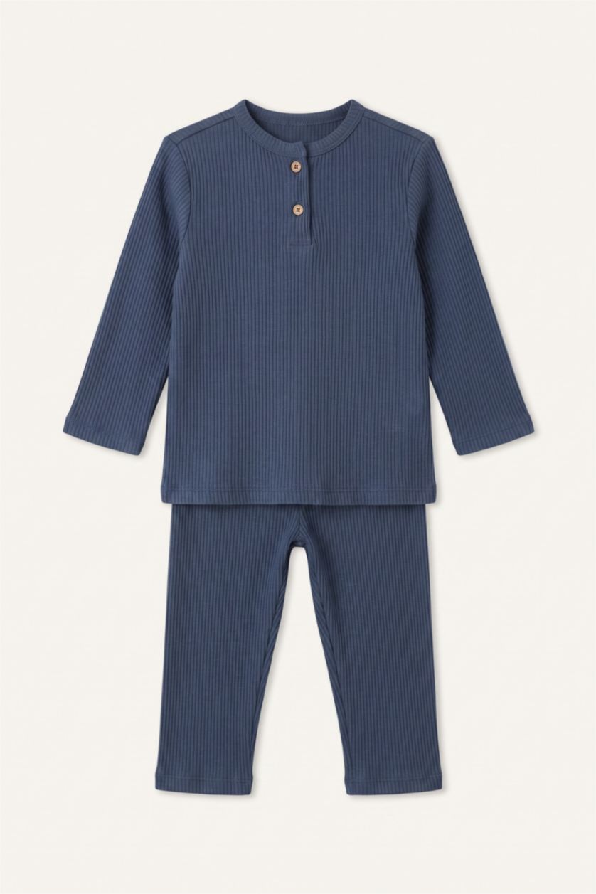 Erkek Bebek İndigo Fitilli Kaşkorse 2'li Pijama Takımı Erkek Bebek