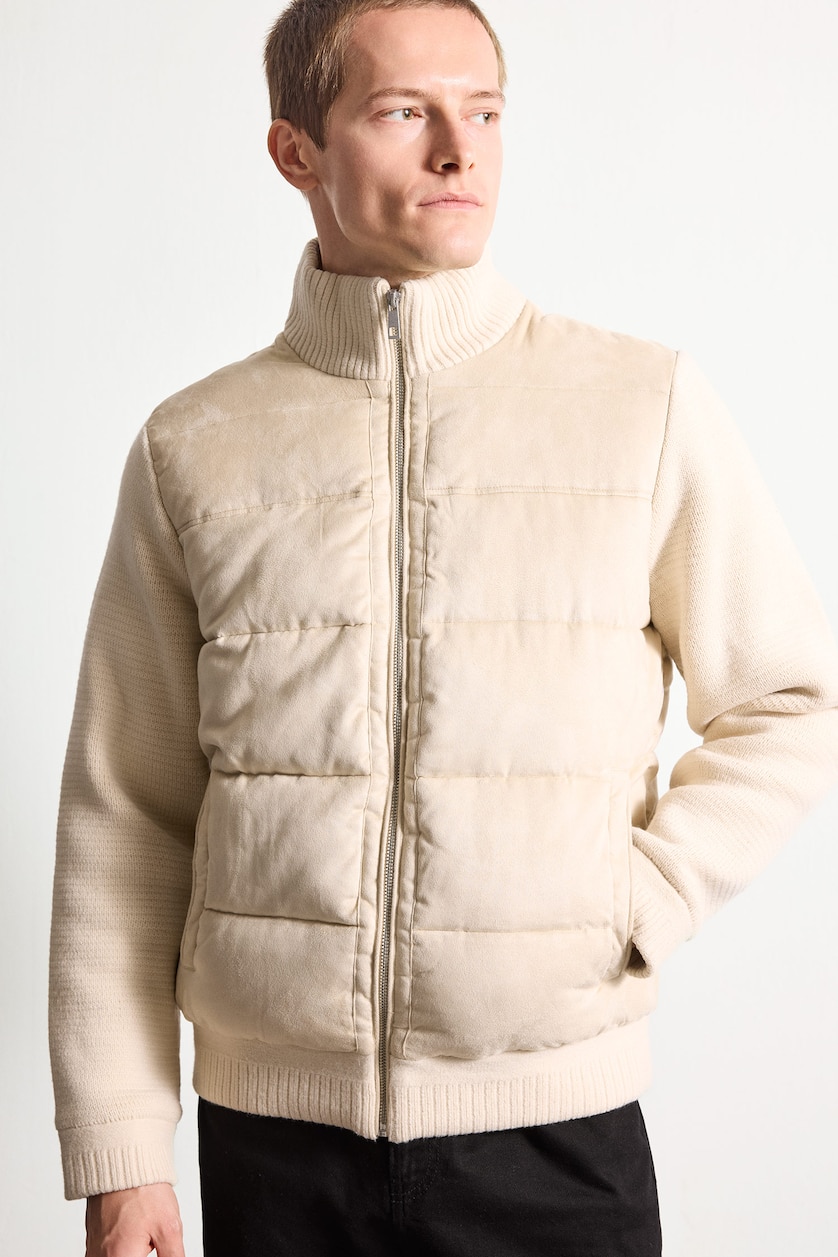 MAN Ecru Slim Fit Stand Collar Zip-Up Mid-Length Jacket