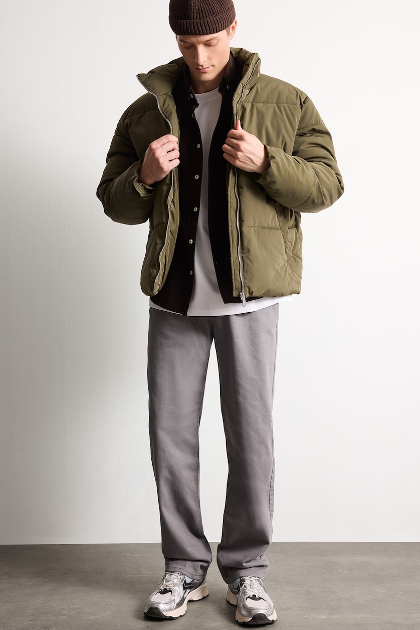 Erkek Koyu Haki Slim Fit Fermuarlı Şişme Mont