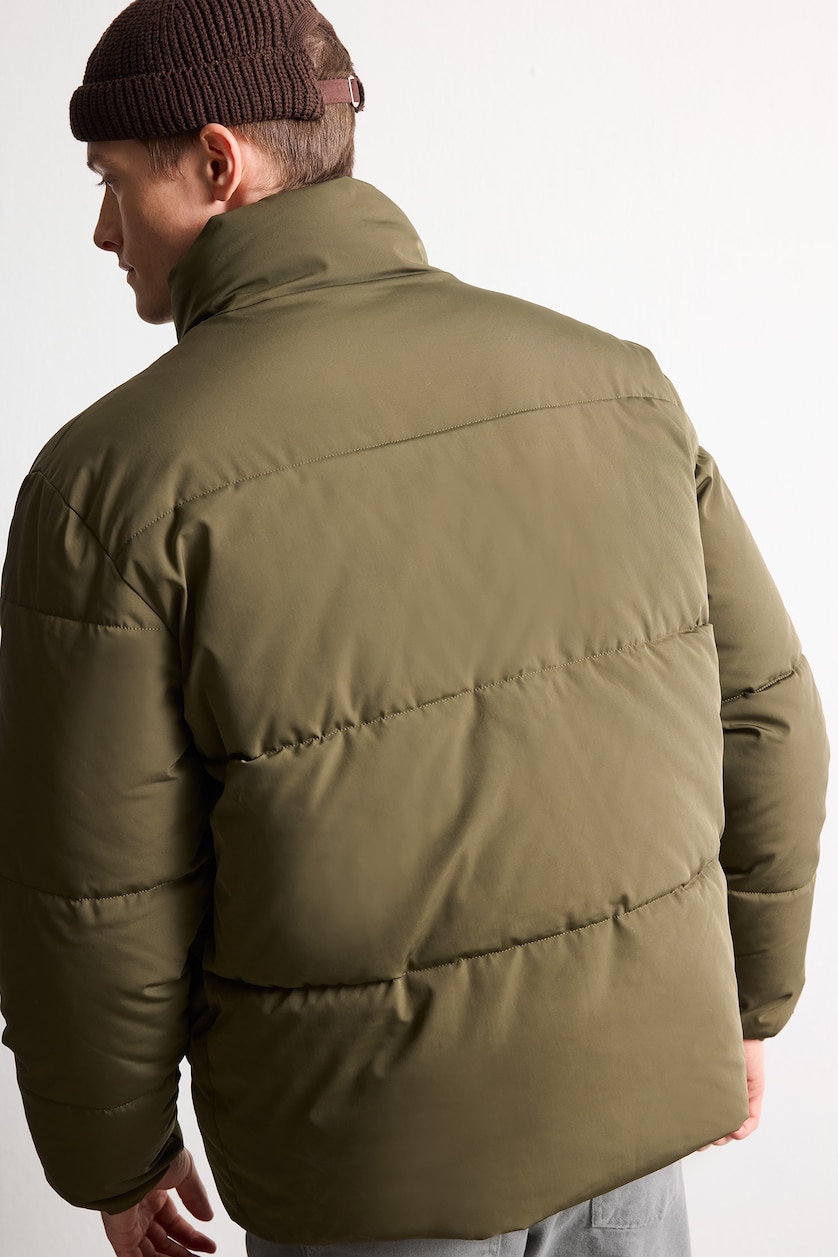 Erkek Koyu Haki Slim Fit Fermuarlı Şişme Mont