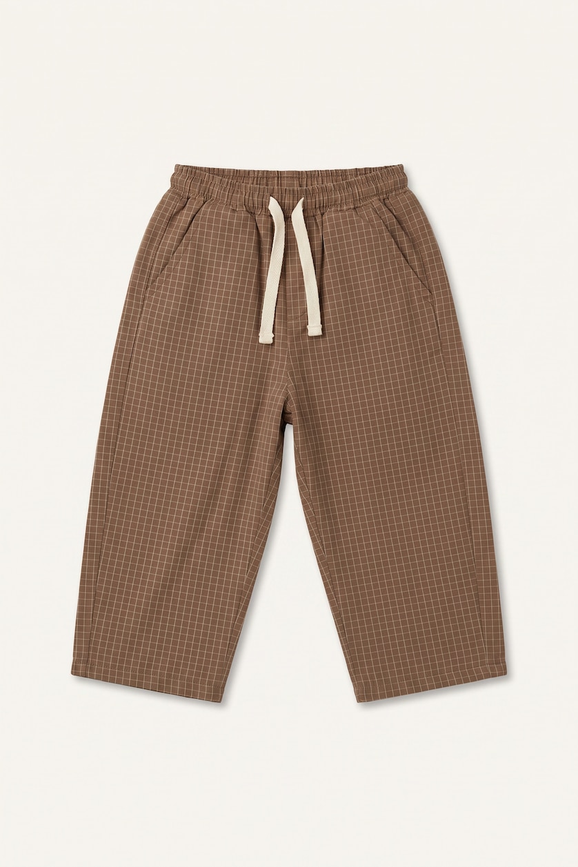 BABY BOY Camel Boy Baggy Fit Checked Straight Leg Cotton Trousers