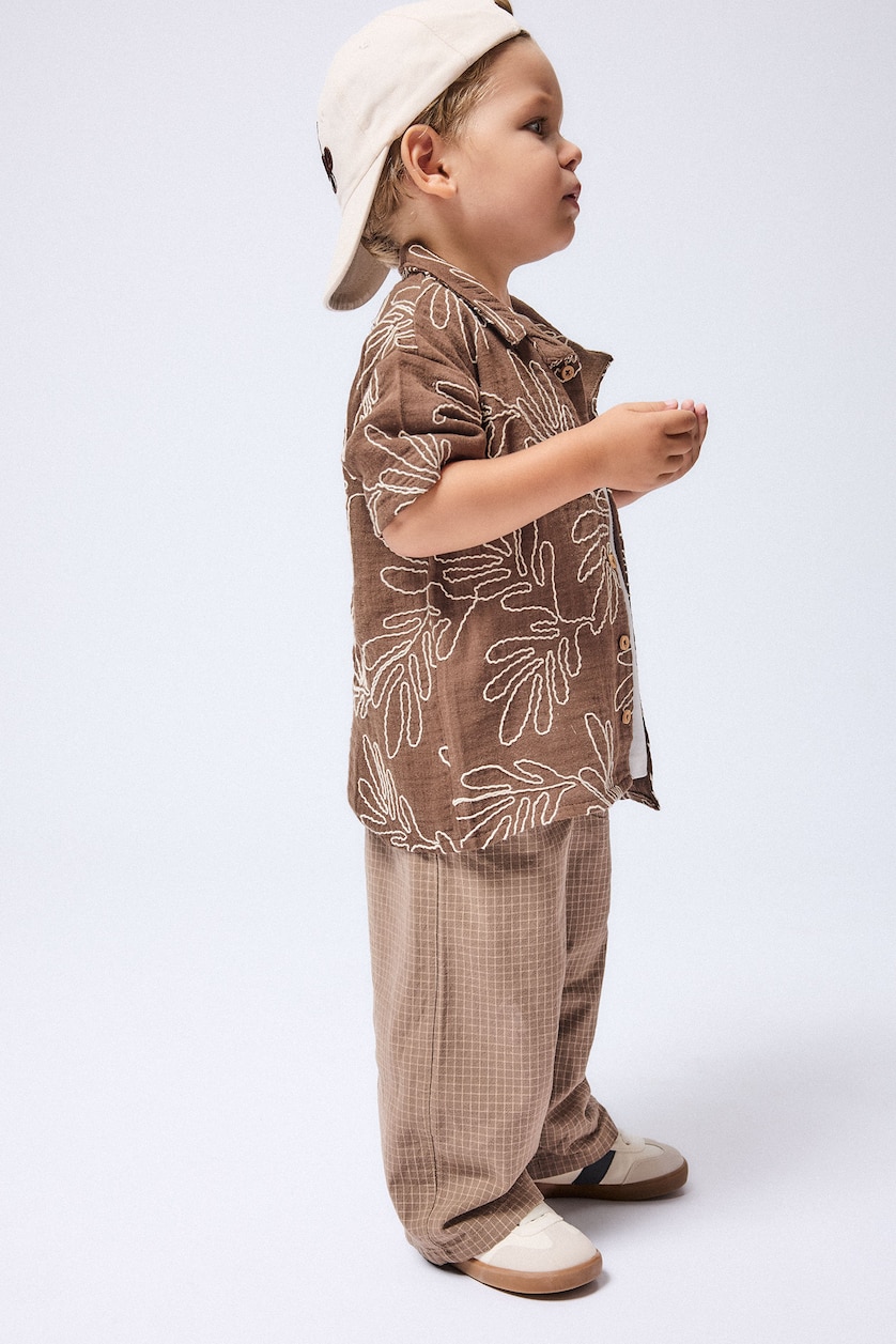 Erkek Bebek Camel Baggy Fit Düz Paça Kareli Pantolon Erkek Bebek