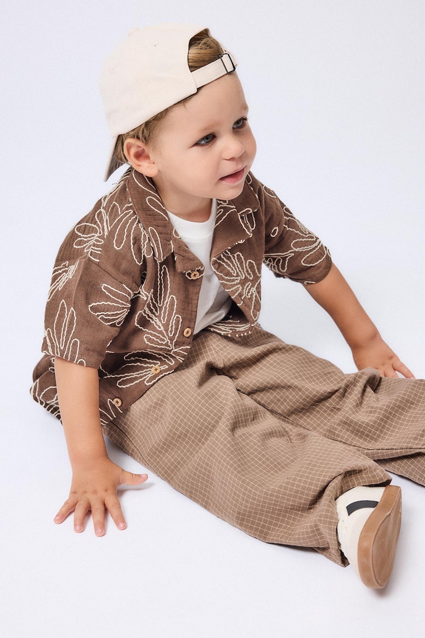 Erkek Bebek Camel Baggy Fit Düz Paça Kareli Pantolon Erkek Bebek