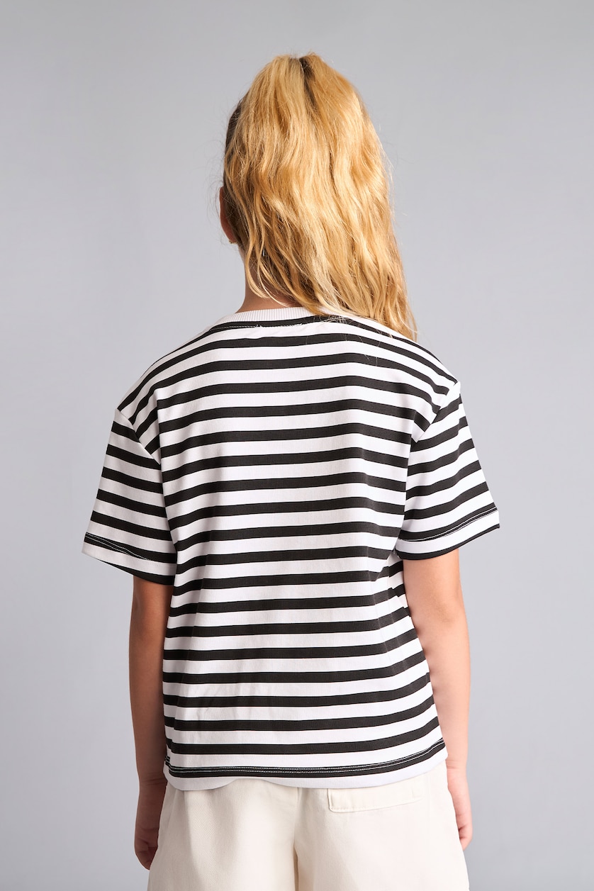 GIRLS & TEENS White T-shirt rayé à col rond et manches courtes en coton 100% pour fille