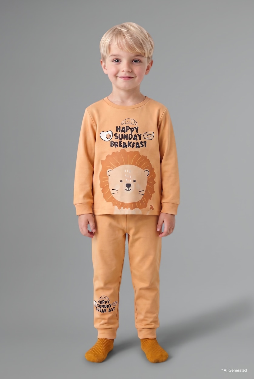 Erkek Bebek Açık Camel %100 Pamuk 2'Li Takım Baskılı Erkek Bebek