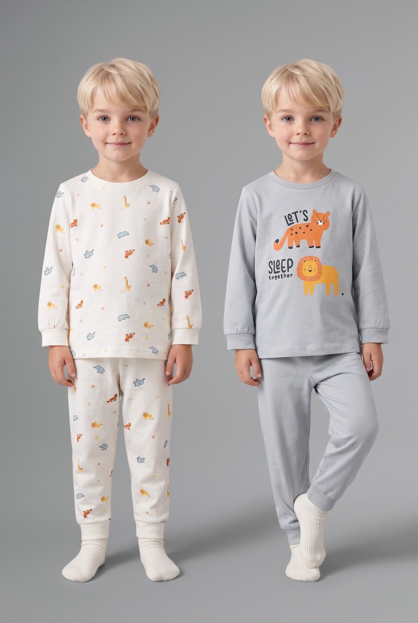 Erkek Bebek Açık Gri %100 Pamuk 4'lü Pijama Takım Desenli Erkek Bebek