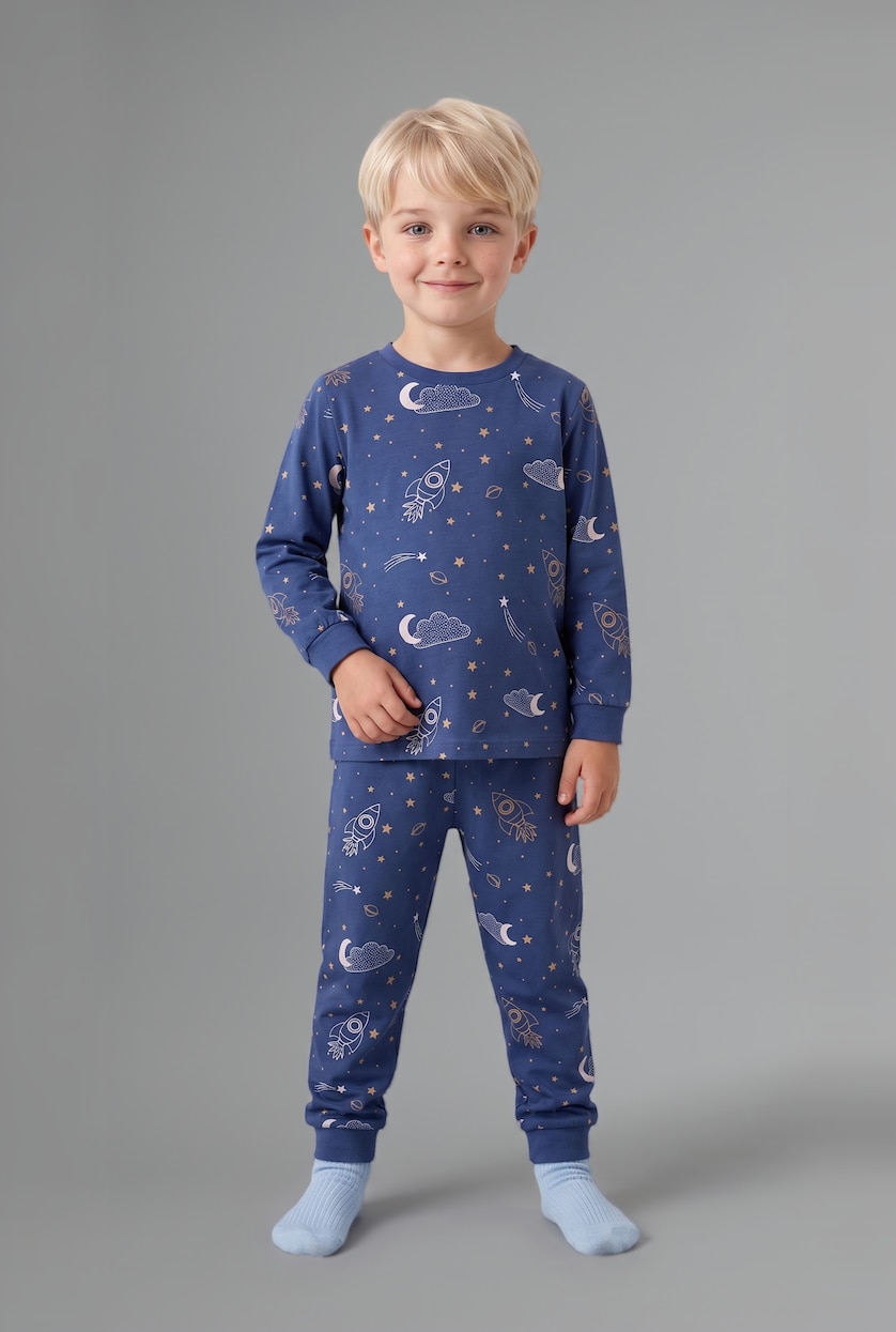 Erkek Bebek Açık Mavi %100 Pamuk 2'li Pijama Takım Desenli Erkek Bebek
