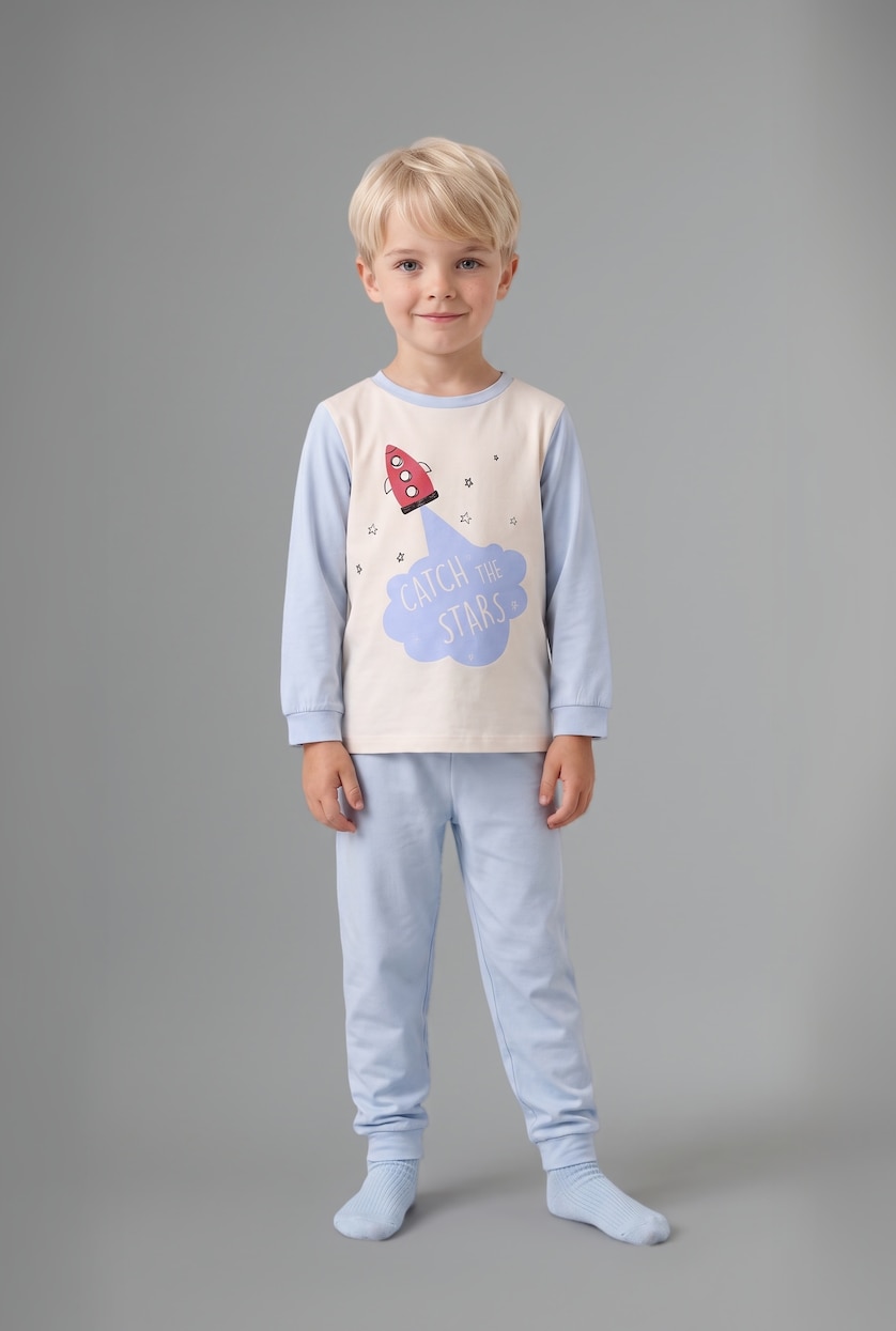 Erkek Bebek Açık Mavi %100 Pamuk 2'li Pijama Takım Desenli Erkek Bebek
