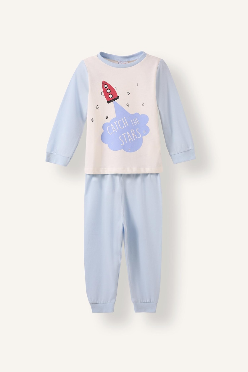 Erkek Bebek Açık Mavi %100 Pamuk 2'li Pijama Takım Desenli Erkek Bebek