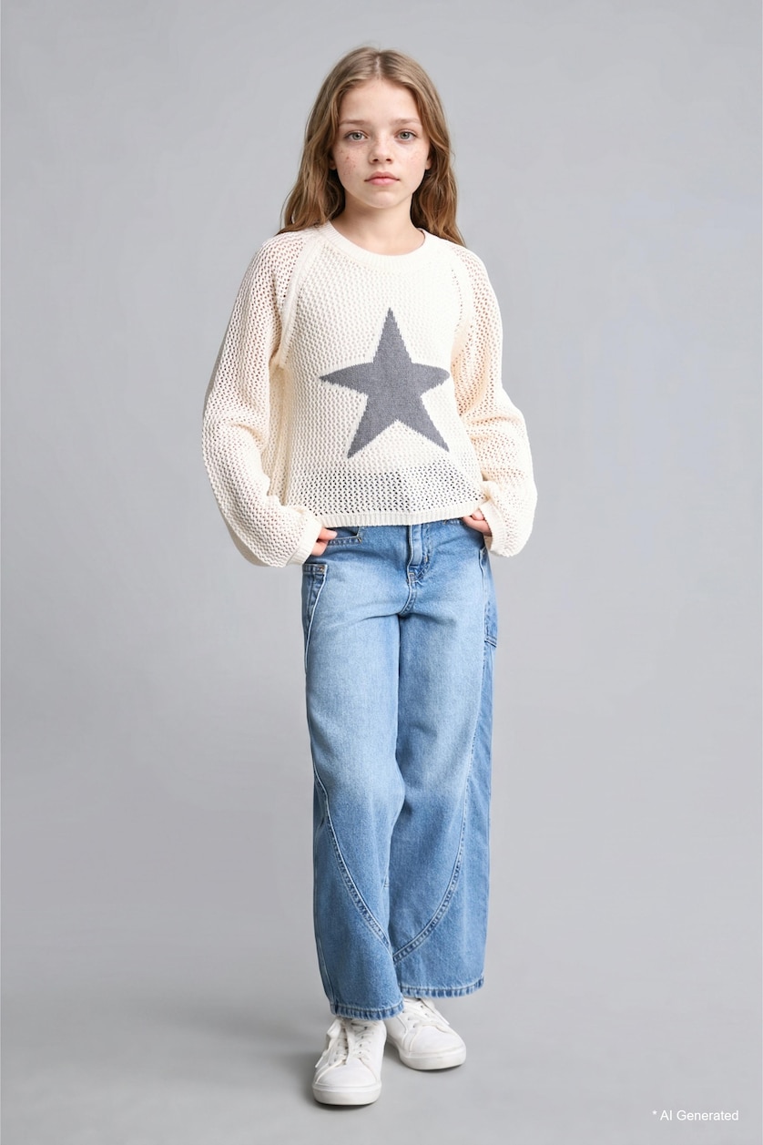 FILLES Écru Pull écru à motifs Coupe régulière pour fille