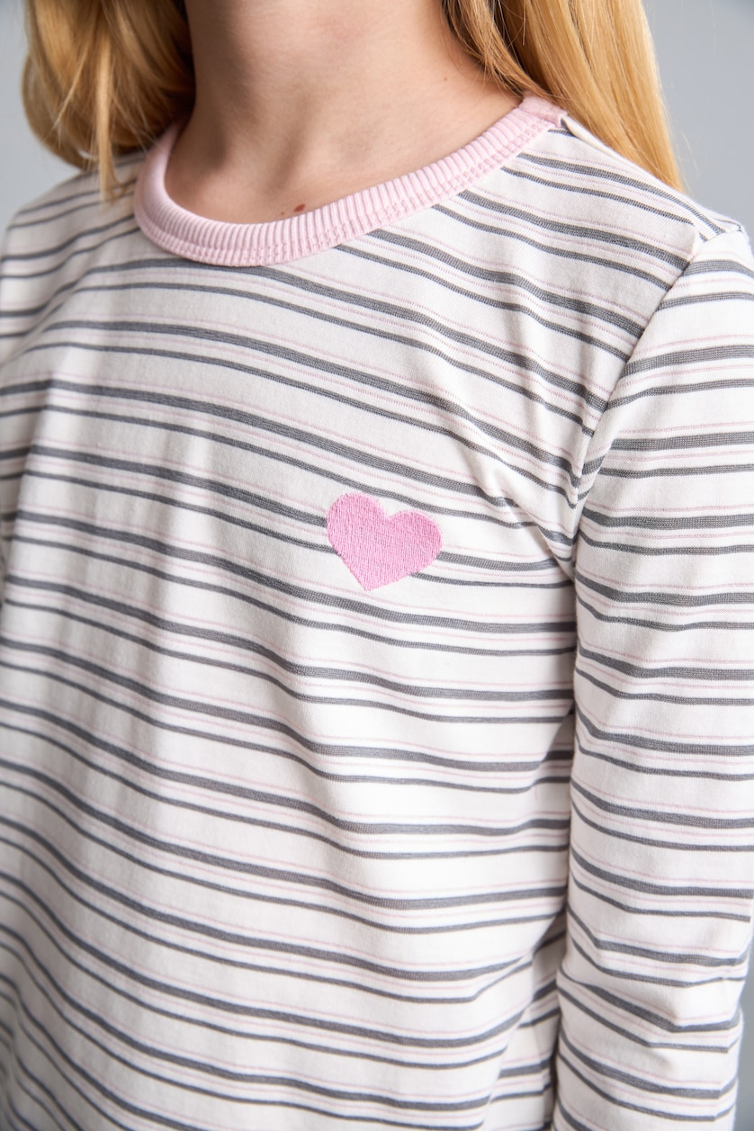 بنات بيج فاتح T-shirt écru à col rond imprimé et manches longues pour fille