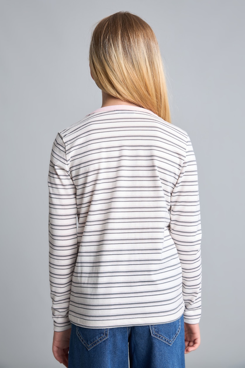 بنات بيج فاتح T-shirt écru à col rond imprimé et manches longues pour fille