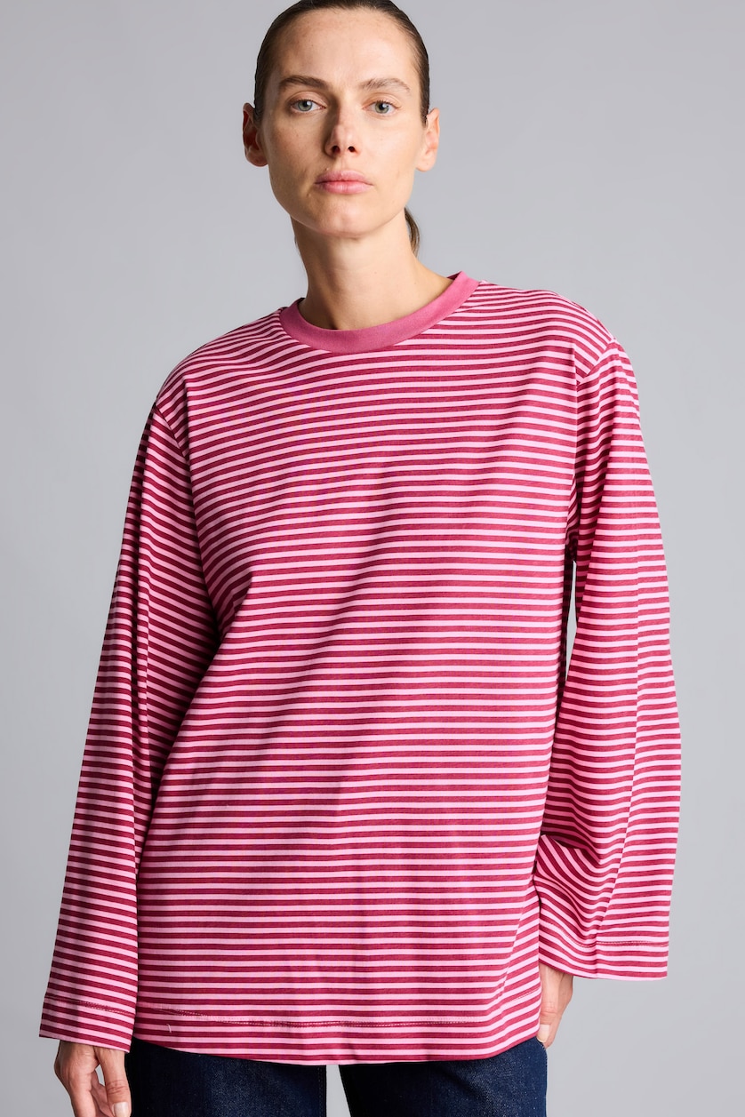 Kadın Açık Pembe %100 Pamuk Relaxed Fit Çizgili Uzun Kollu Tişört