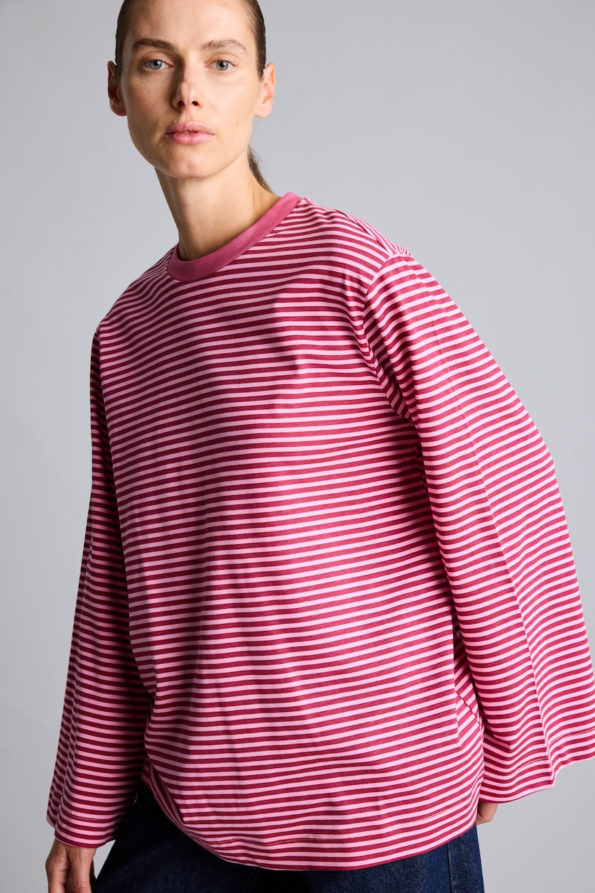 Kadın Açık Pembe %100 Pamuk Relaxed Fit Çizgili Uzun Kollu Tişört