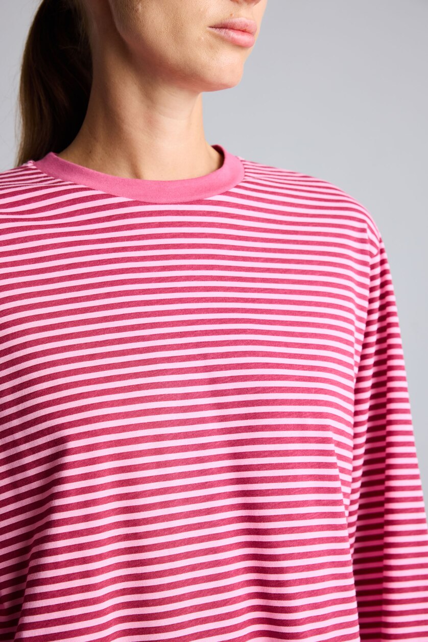 Kadın Açık Pembe %100 Pamuk Relaxed Fit Çizgili Uzun Kollu Tişört