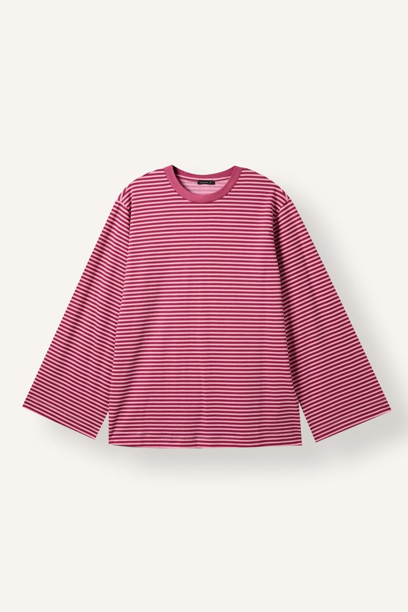 Kadın Açık Pembe %100 Pamuk Relaxed Fit Çizgili Uzun Kollu Tişört