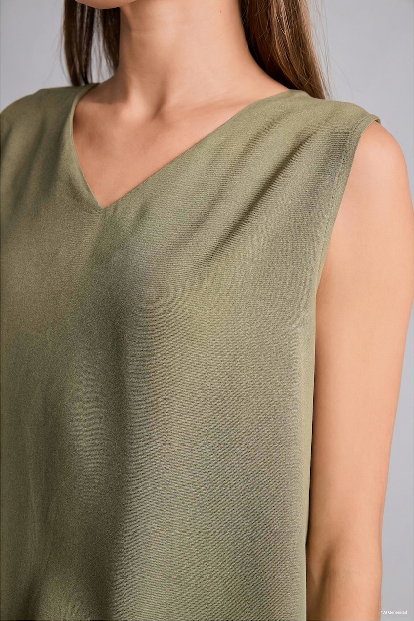 WOMAN Khaki Regular Fit V-Neck Short Sleeve Blouse
