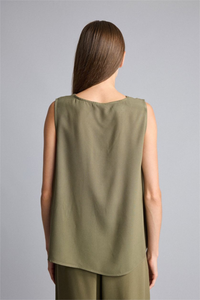WOMAN Khaki Regular Fit V-Neck Short Sleeve Blouse