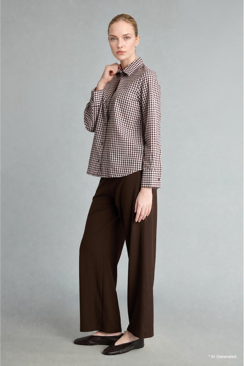 نساء بني Straight Fit Wide Leg Trousers with Pockets