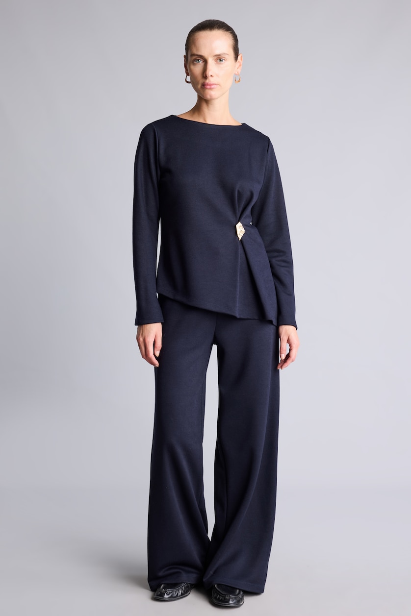 Kadın Lacivert Wide Leg Düz Paça Pike Pantolon