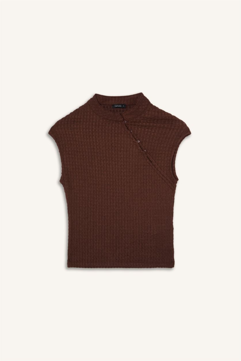 حريمي بني Slim Fit Half Turtleneck Sleeveless Top