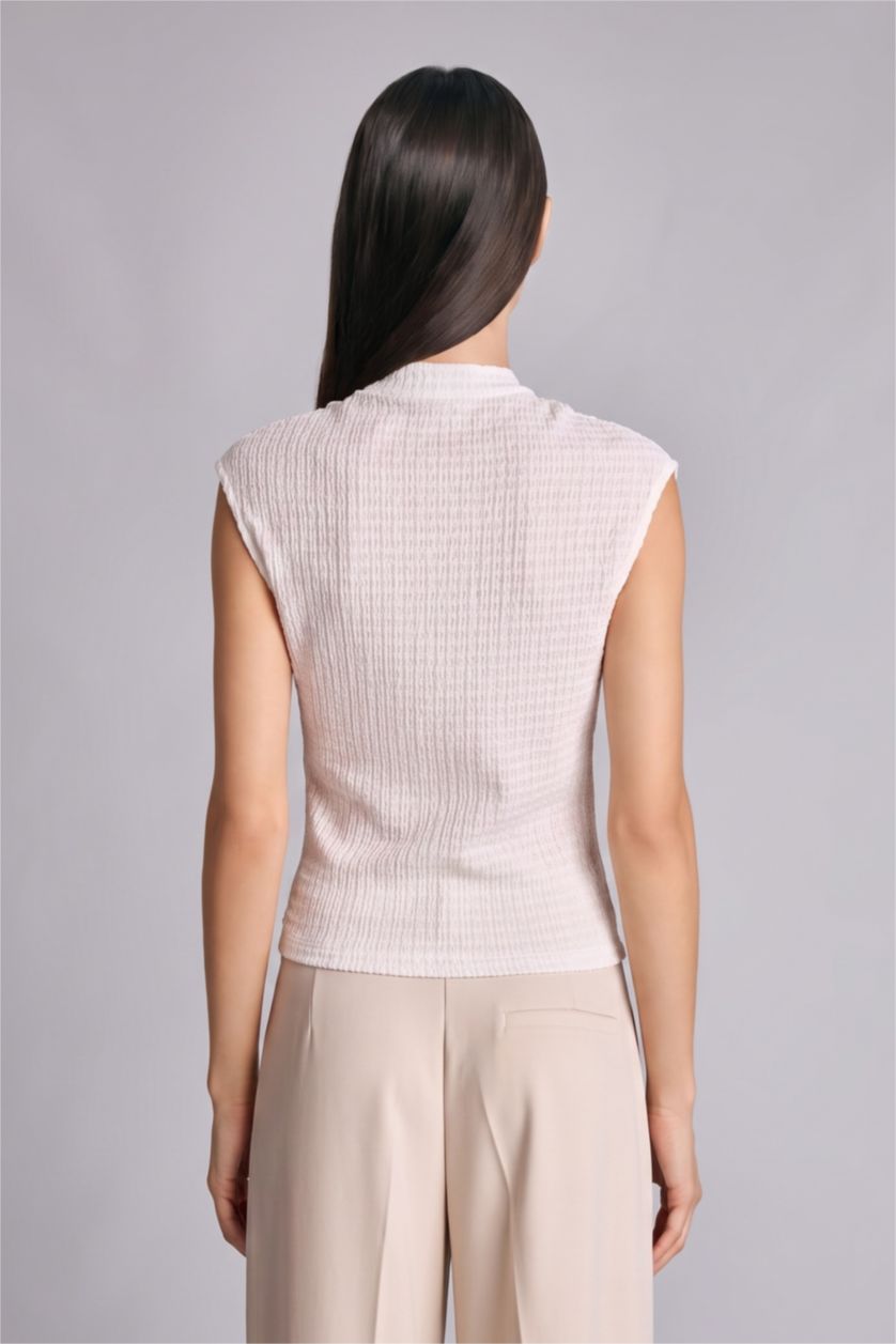 Women Ecru Slim Fit Half Turtleneck Short Sleeve T-Shirt