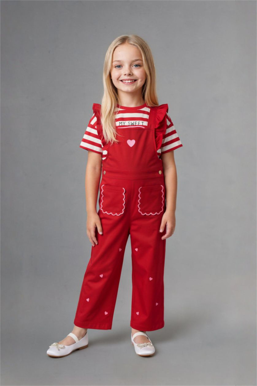Baby Girls Red Gabardine Square Collar Jumpsuit