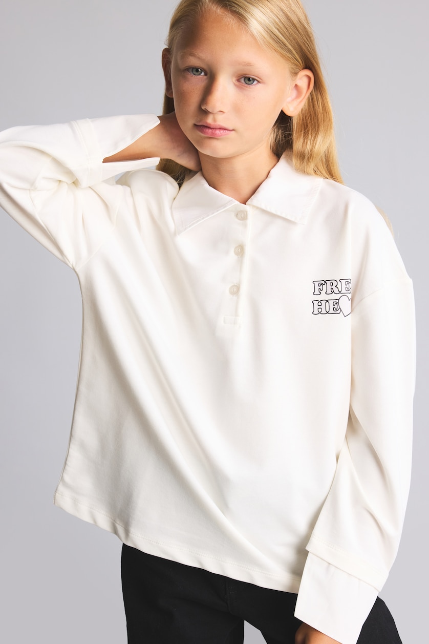 FILLES Écru T-shirt polo en tissu épais imprimé à manches longues pour fille