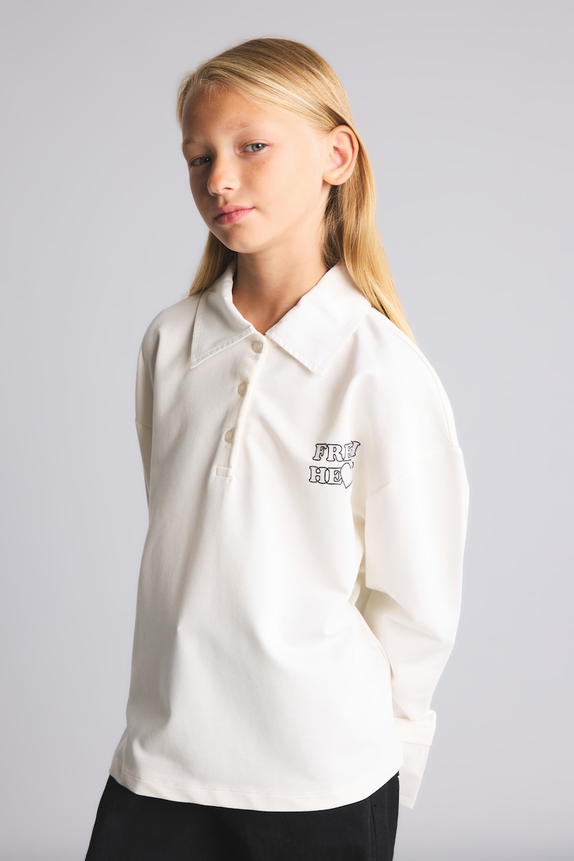 FILLES Écru T-shirt polo en tissu épais imprimé à manches longues pour fille