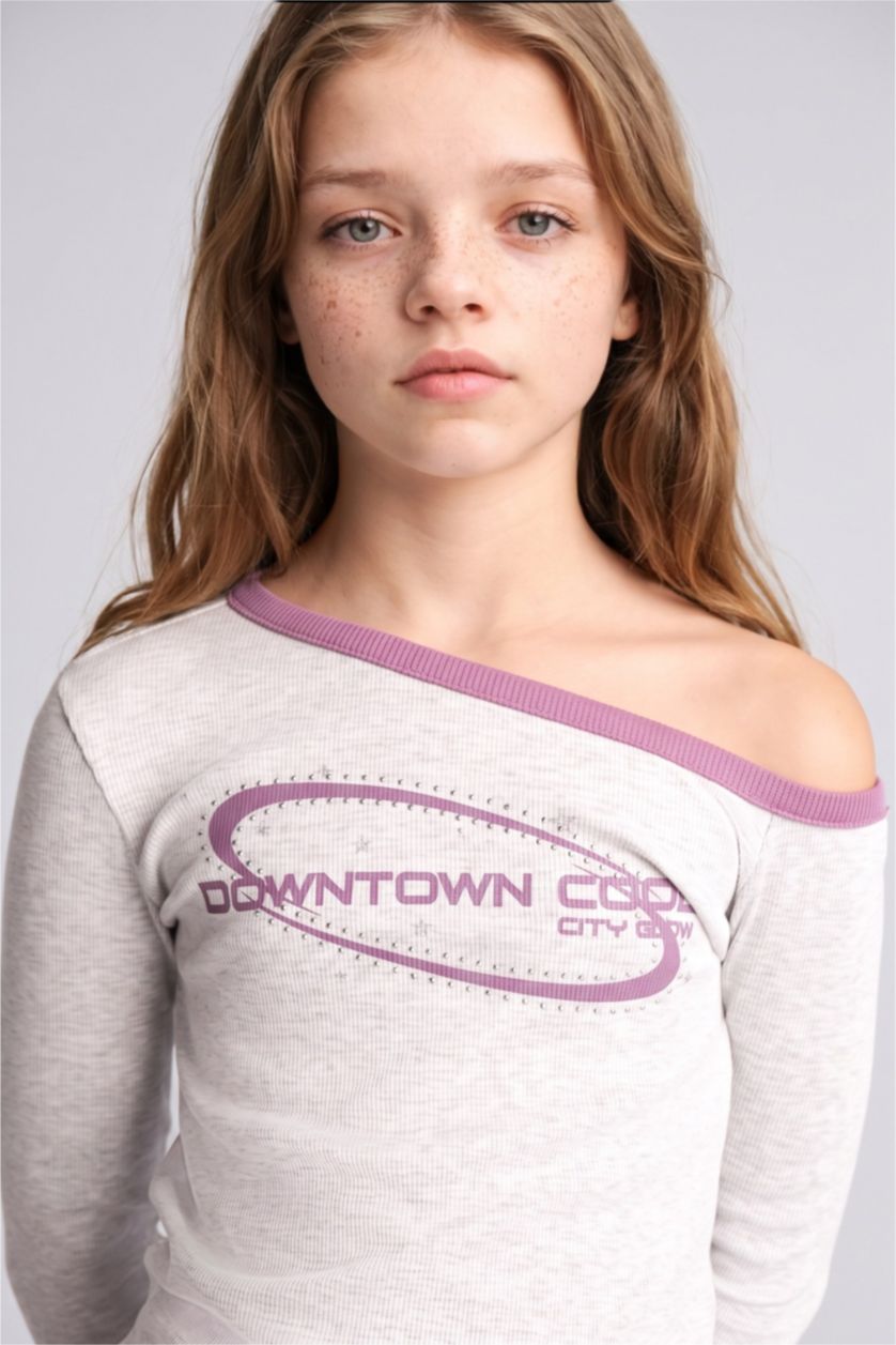 Young Girls - Teen Girls Light Grey Melange Slim Fit Slogan Long Sleeve T-Shirt