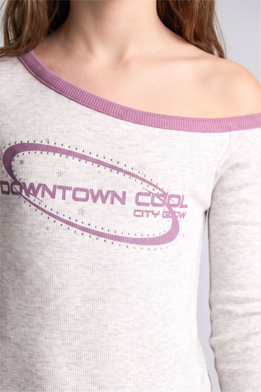 Young Girls - Teen Girls Light Grey Melange Slim Fit Slogan Long Sleeve T-Shirt