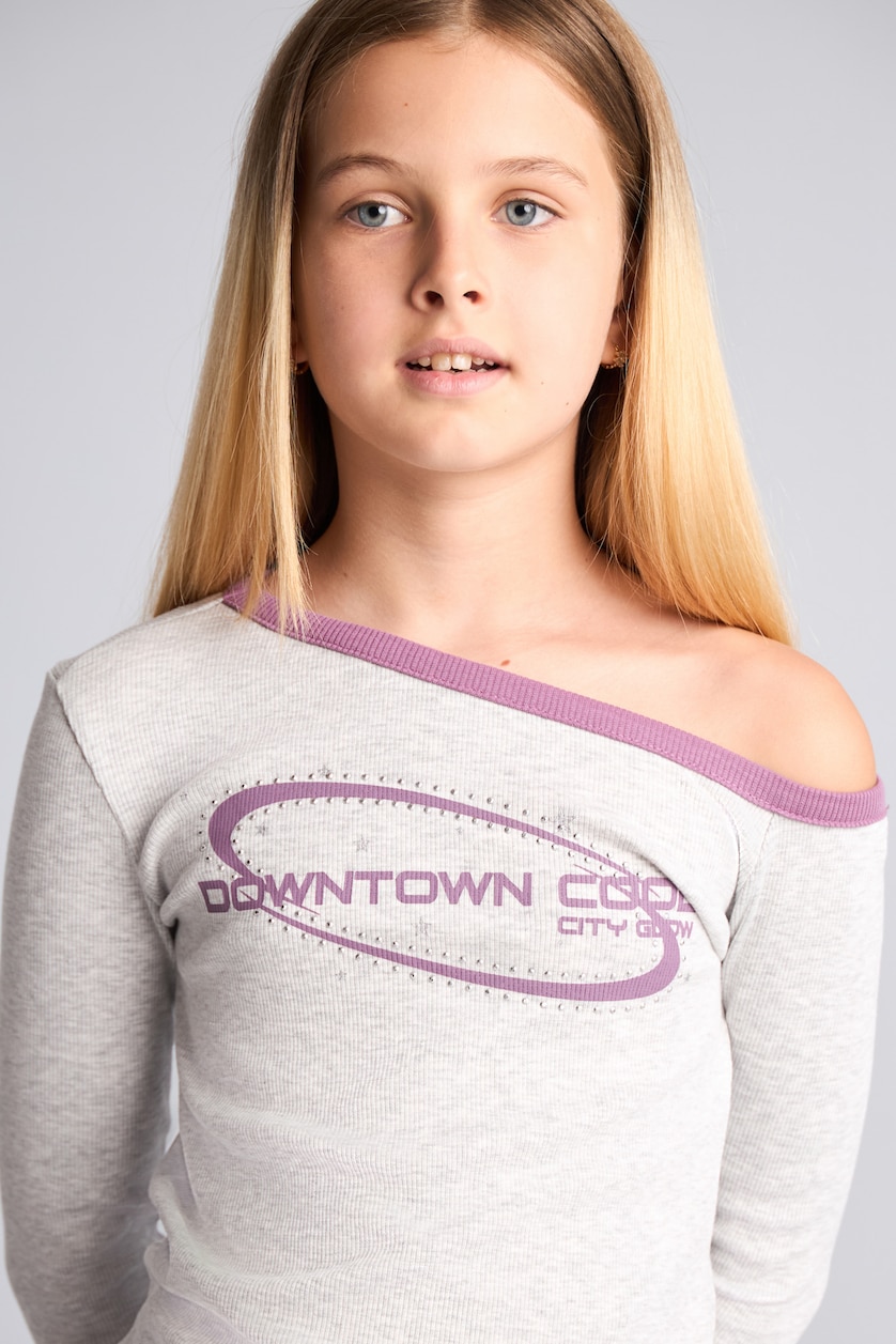 بنات ميلانج رمادي فاتح Girl Fitted Boat Neck Printed Ribbed T-Shirt