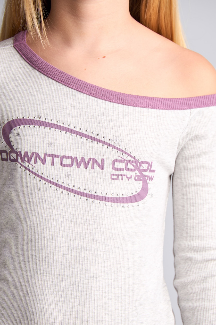 بنات ميلانج رمادي فاتح Girl Fitted Boat Neck Printed Ribbed T-Shirt