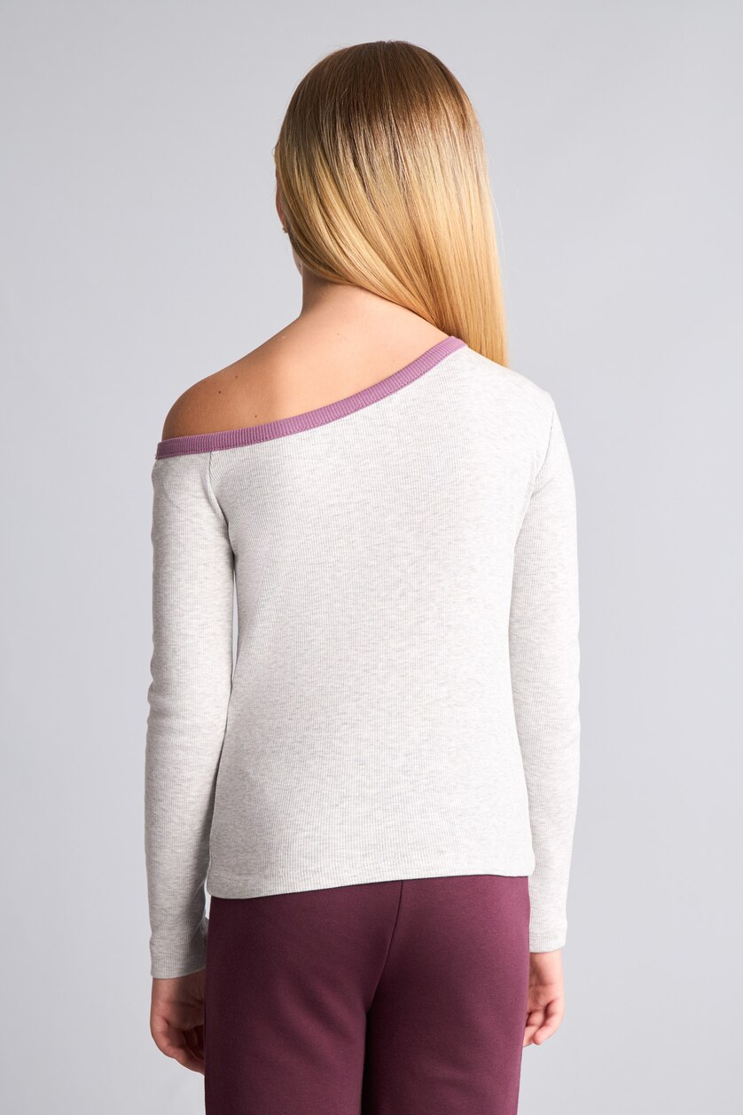 بنات ميلانج رمادي فاتح Girl Fitted Boat Neck Printed Ribbed T-Shirt