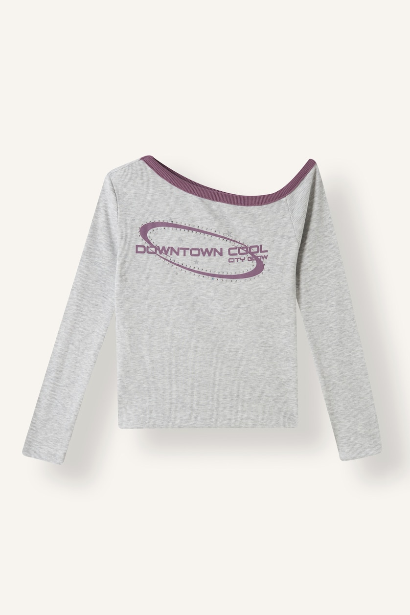 Young Girls - Teen Girls Light Grey Melange Girl Fitted Boat Neck Printed Ribbed T-Shirt